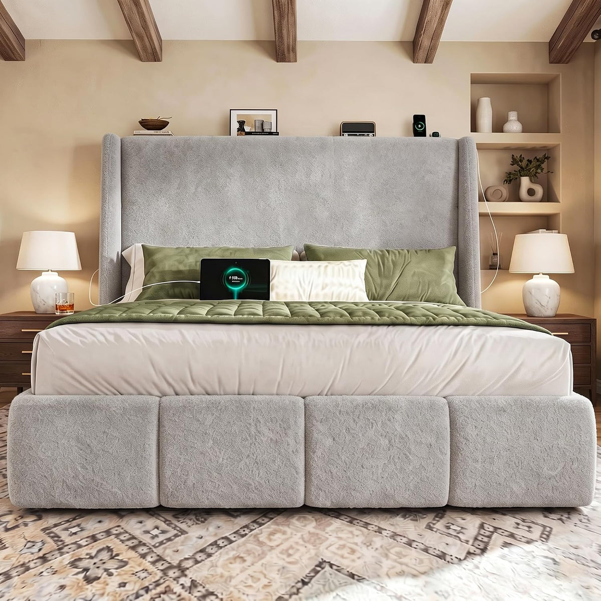 LARMACE King Size Bed Frame 54.2" Extra Tall Wingback Headboard, Lambswool Upholstered Platform Bed with Legs Featuring Built-in Charging Ports, Wood Slats, No Box Spring Needed,Light Grey
