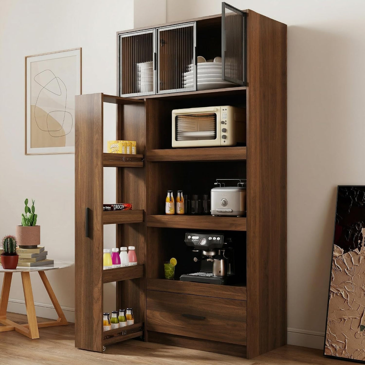 Tall Kitchen Pantry Cabinet with Microwave Stand, Walnut Coffee Bar Cabinet with Drawer, Pull-Out Storage Shelves and Aluminum Frame Glass Doors, Freestanding Food Hutch for Kitchen and Dining Room