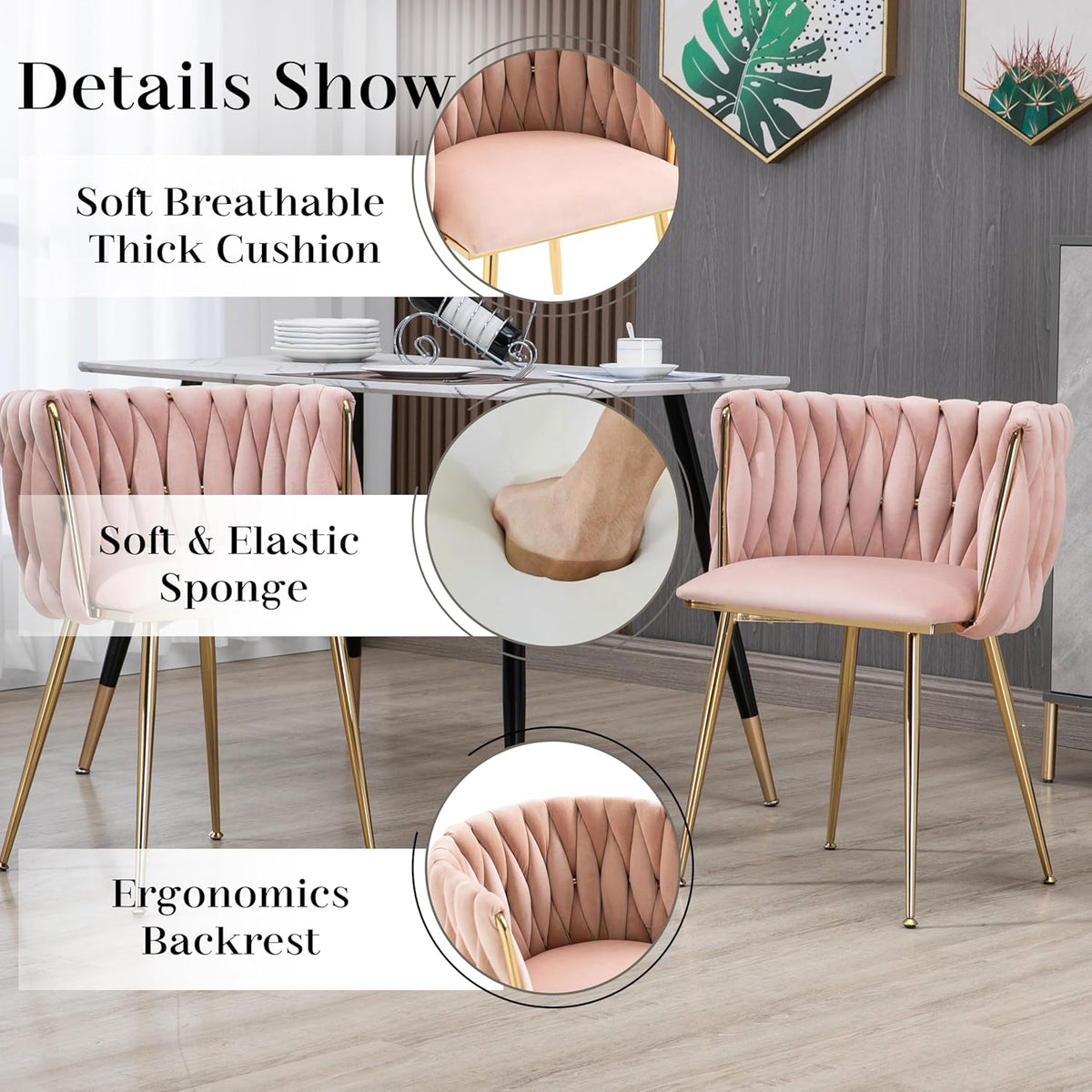 Gold Luxury Round Glass Dining Table Set for 4, 5 Pcs Clear Circle Glass Top Dinner Room Set, 36'' Modern Minimalist Circular Kitchen Table Set, Pink Woven Chair, for Small Place Apartment