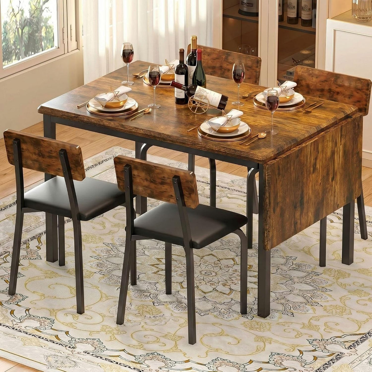 IRONCK 5-Piece 63" Extendable Dining Table with 4 Upholstered Chairs, Kitchen Table Set for 4-8 People, Dining Room Sets with MDF Wood Board, Drop Leaf Table Design for Space Saving, Rustic Brown