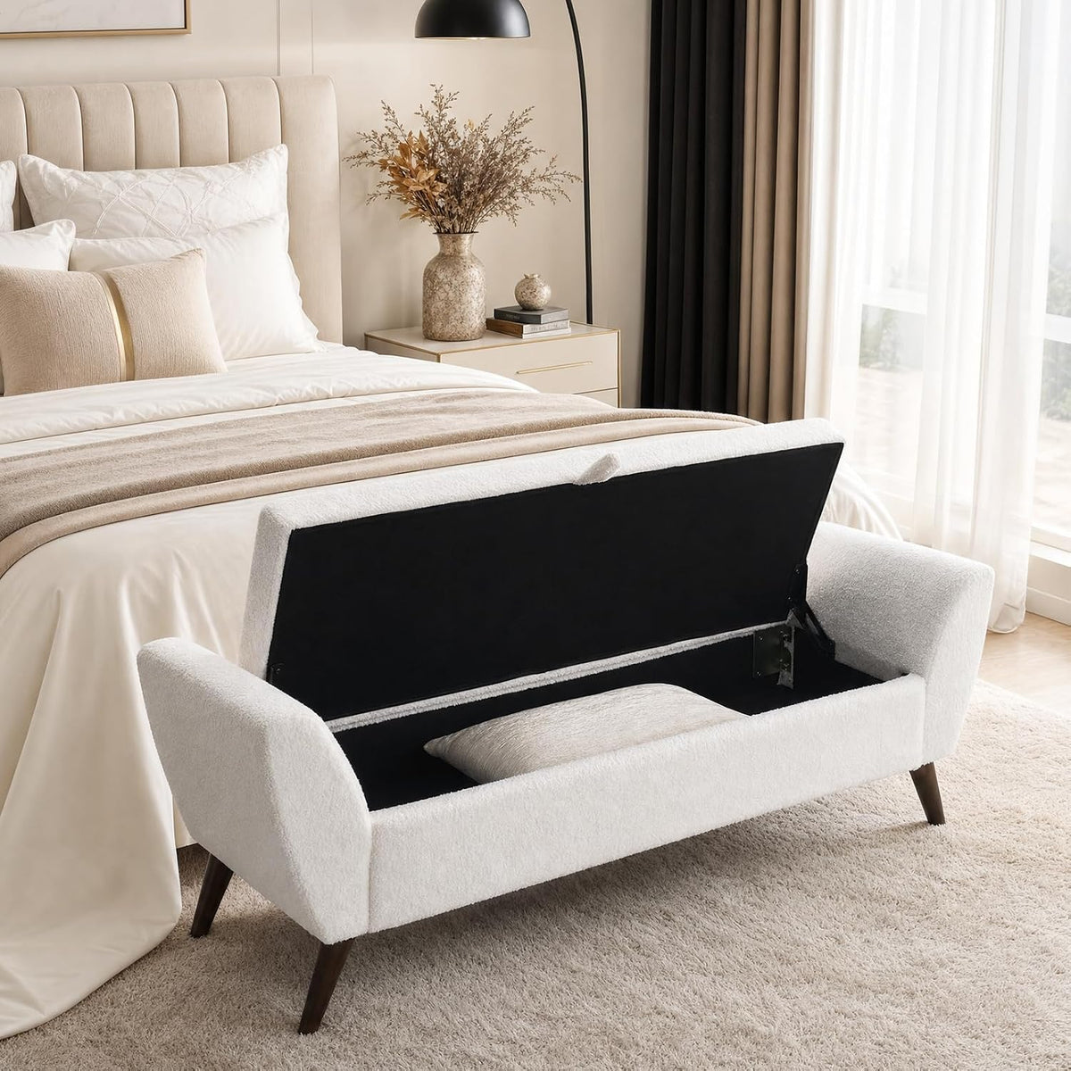 60" Storage Ottoman Bench, Teddy Fabric End of Bed Bench with Solid Wood Legs, Large Hidden Storage for Bedroom & Entryway (Beige)
