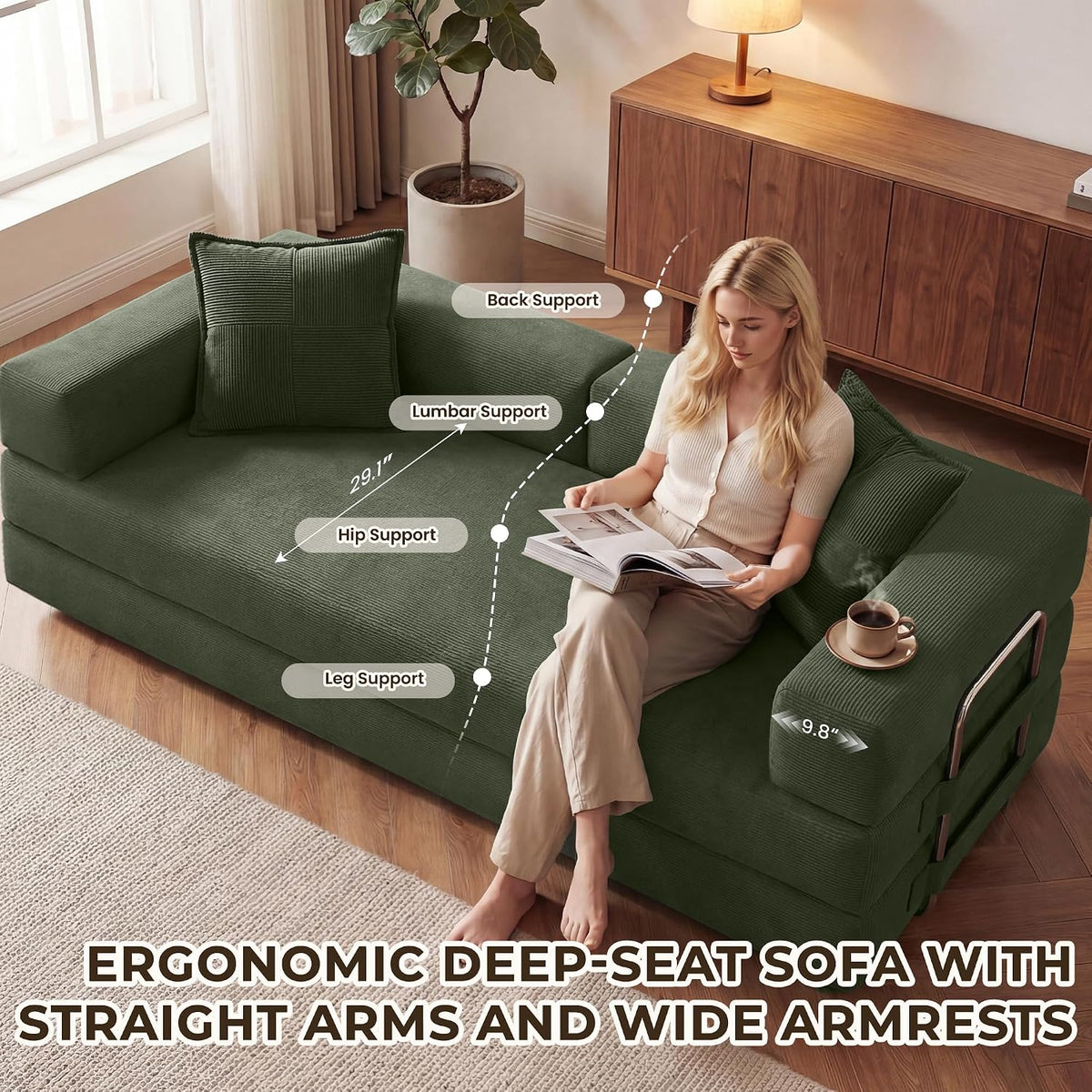 GRUSIGN 78 Inch Convertible Sofa Bed, 5-in-1 Futon Sofa Bed Pull Out Couch, Couch Bed for Living Room, Corduroy Couches for Bedroom, Apartment, No Assembly Sleeper Sofa Bed, Green