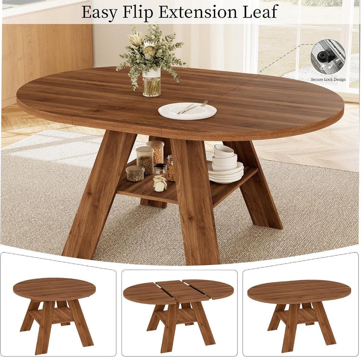 HIPIHOM 43"-59" Extendable Round Dining Table for 4-6, Walnut | Oval Kitchen Table for 4-6, Removable leaf & Storage Shelf, Space-saving for Kitchen, Living Room