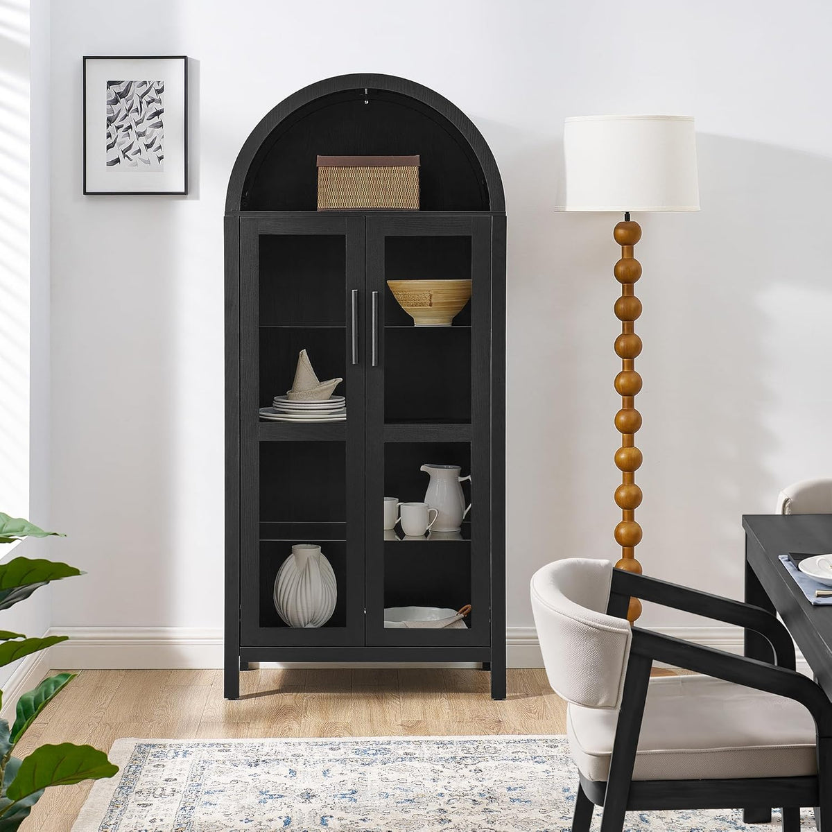 67" Arched Cabinet with Glass Doors: Pantry Cabinets for Kitchen Storage,Modern Retro Style Wooden,Book Display Shelf with Adjustable Glass Partitions & Light - for Kitchen,Entryway.Black