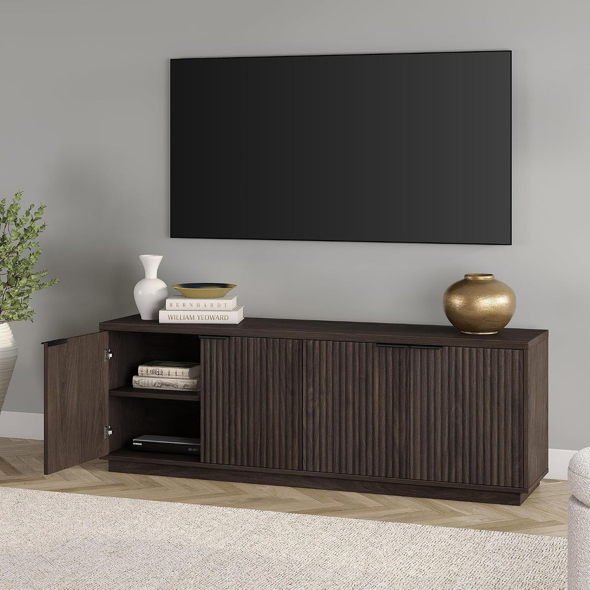 Henn&Hart 70" TV Stand for TVs up to 78", Rich Brown | Elegant ribbed doors, adjustable shelves, and cable cut-outs create stylish, clutter-free storage for any room