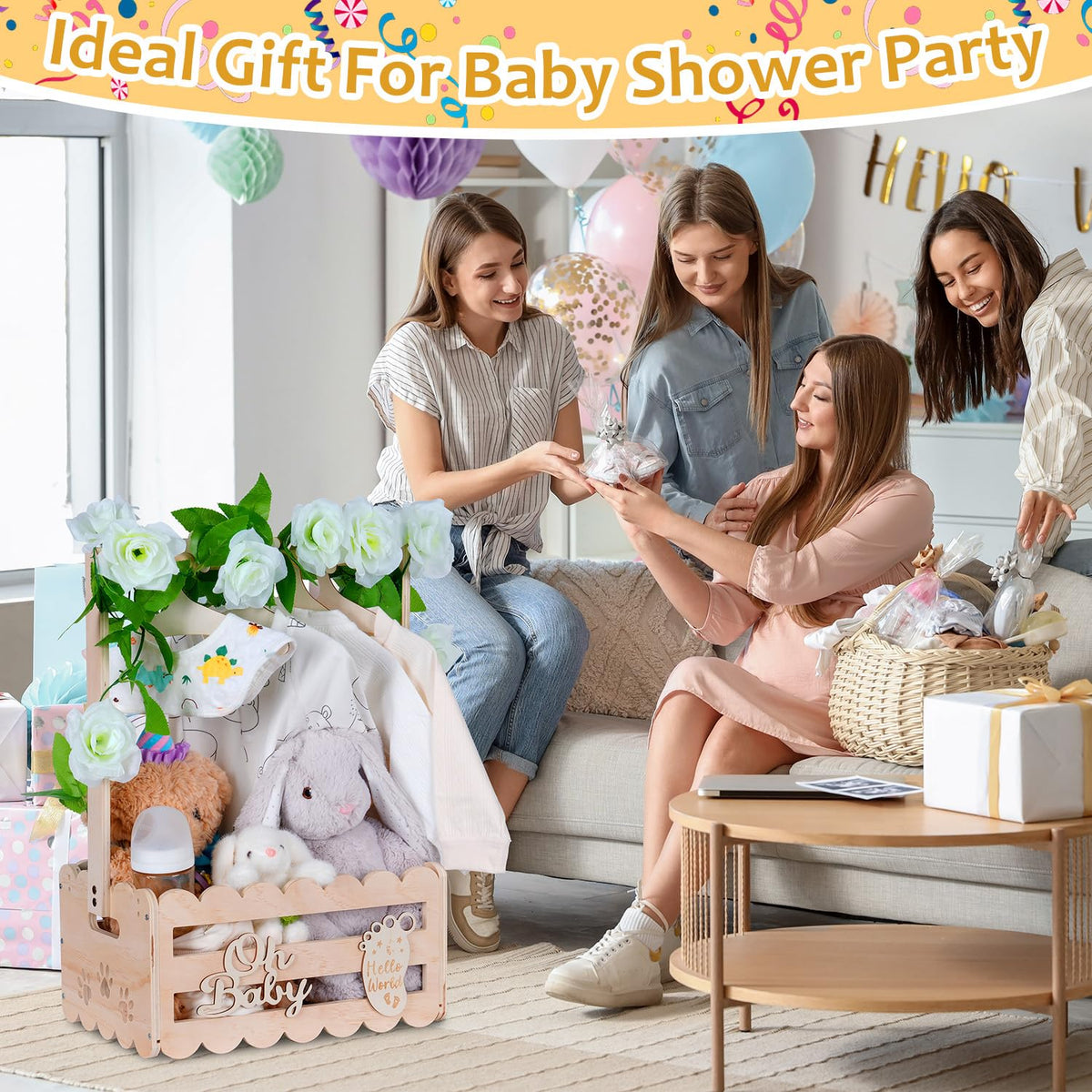 efluky Wooden Baby Shower Crate Closet with Handle,Storage Basket,Baby Clothes Hangers, Newborn Boy Girl Welcome Gift Basket | baby shower gift Safe Smooth Wooden Build Customizable DIY Decor Space
