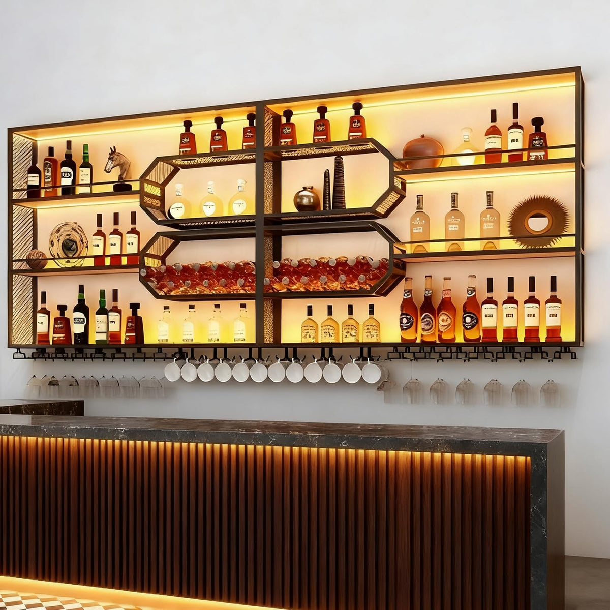 Large Liquor Shelf, Solid Wood Wall Mounted Wine Rack with Glass Holder & LED Light, 3-Tier Floating Bar Shelves, for Home Bar Kitchen, Living Room, Black,94 * 8 * 49in
