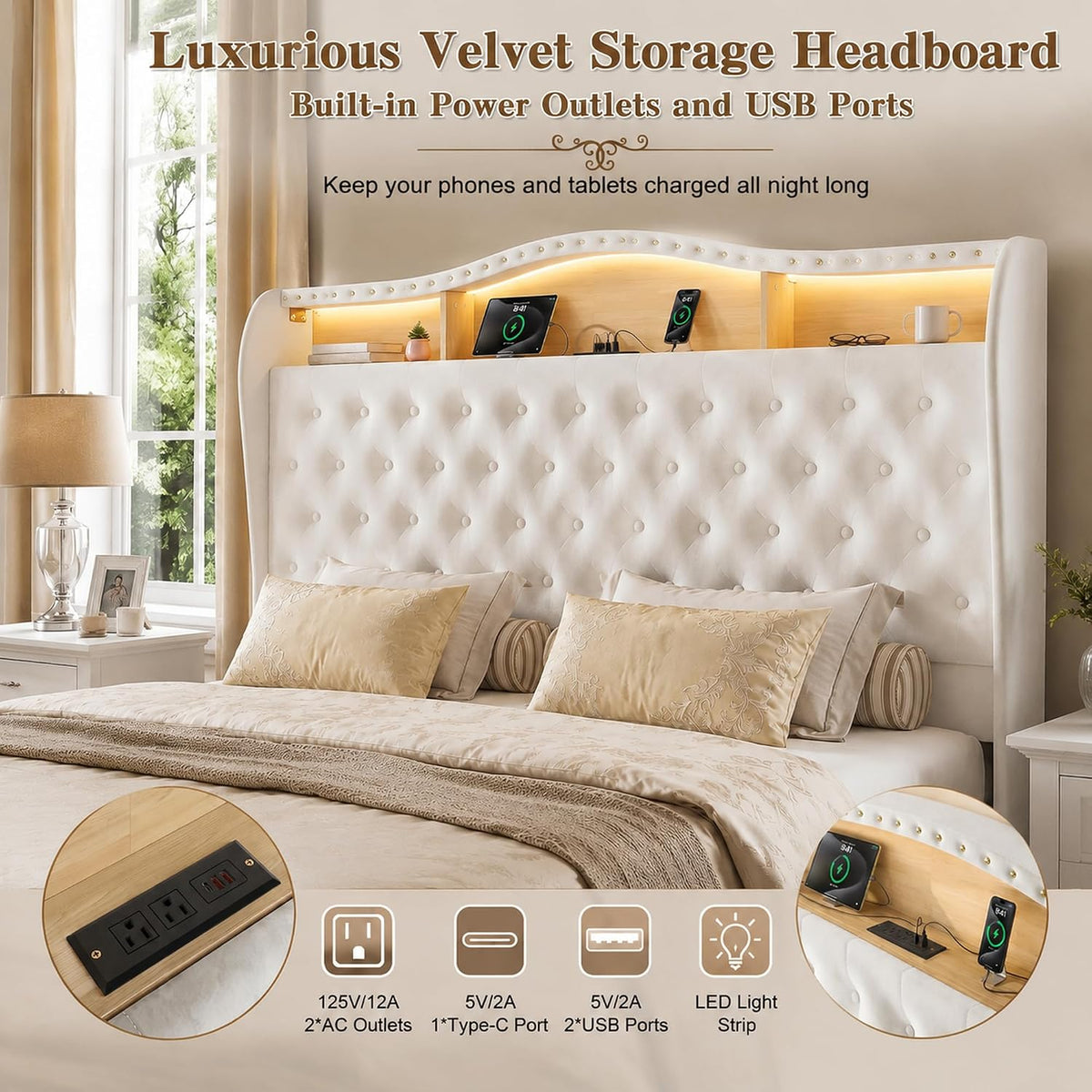 King Size Bed Frame with 51.2" Tall Lighted Storage Headboard and Charging Station, Velvet Upholstered Tufted Wingback Platform Bed with Footboard, No Box Spring Needed, Noise-Free