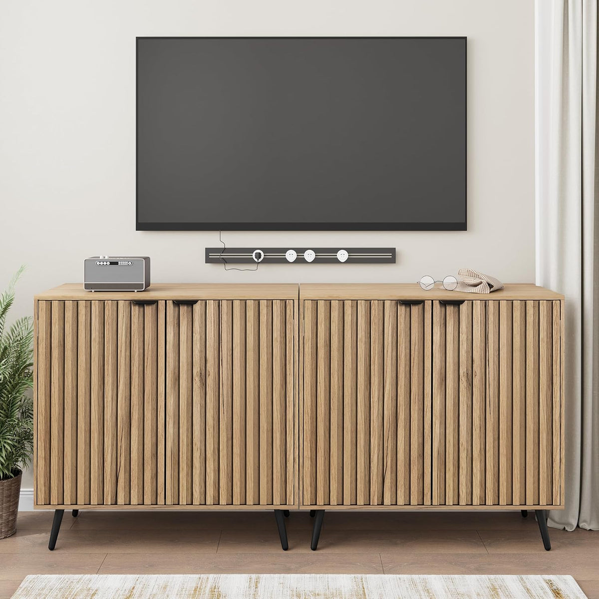 Smuxee Fluted Sideboard Cabinet, Freestanding Natural Buffet Cabinet with Adjustable Shelf, Wood Storage Cabinet for Living Room, Entryway, Hallway