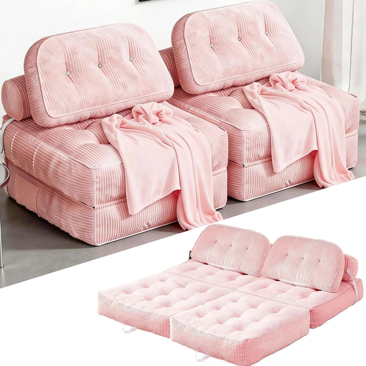 Folding Sofa Bed, Flannel Futon Couch Bed with Pillow and Blanket, Convertible Sleeper Chair for Living Room Bedroom (Two Pink)