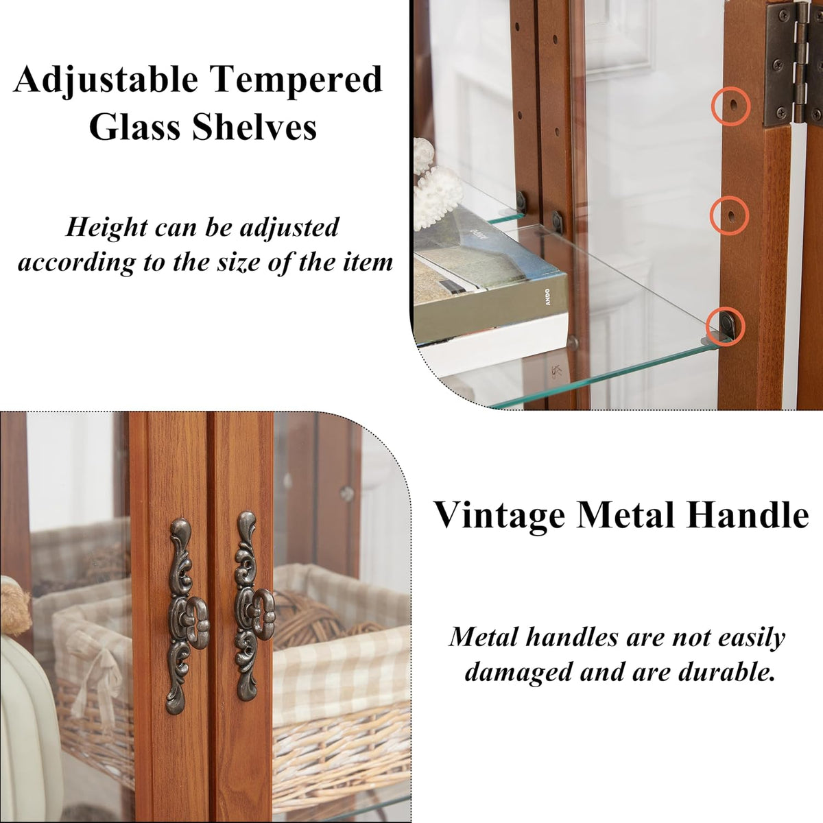 3-Tier Lighted Glass Display Curio Cabinet with 2 Tempered Glass Doors,Curio Case with Mirrored Back Panel & Adjustable Shelves,Wine Artwork Display Cabinet for Living Room,Kitchen(Oak_2)