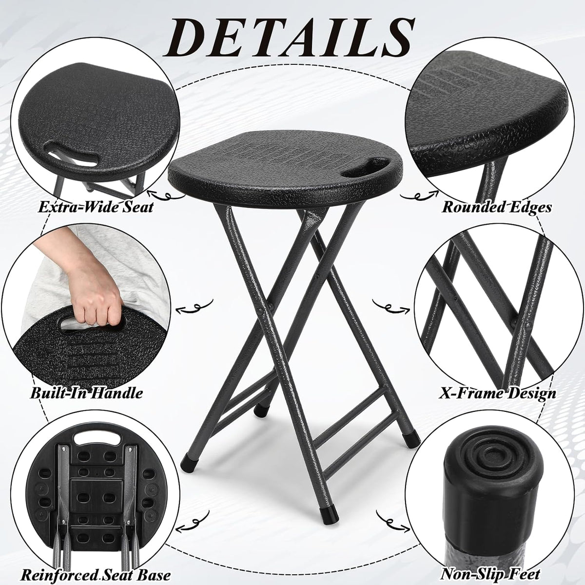 Novabright 6 Pack Portable Folding Stool with Handle, Sturdy Round Collapsible Chair, 18.9 Inch Thickened Steel Frame, Indoor and Outdoor Seating for Adults, Black