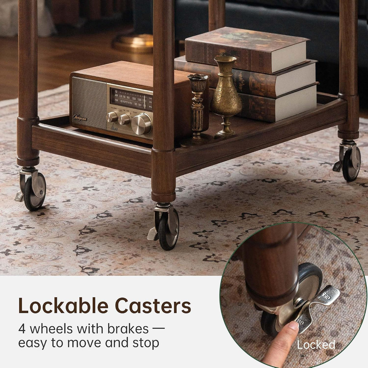 YESWOOD Vintage Walnut Side Table with Lockable Wheels, 2‑Tier Rolling End Table Nightstand for Small Space Living Room Bedroom(Walnut, 27.9" D x 18.47" W x 25.15" H)