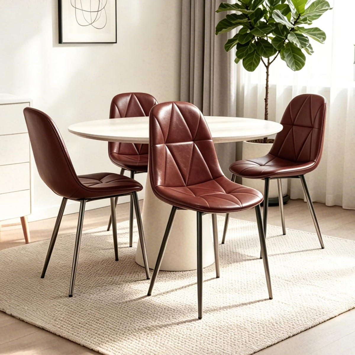 Set of 4 Brown Dining Chairs – Modern Armless Kitchen & Dining Chairs, Faux Leather Upholstery, Ergonomic Backrest & Sturdy Metal Legs