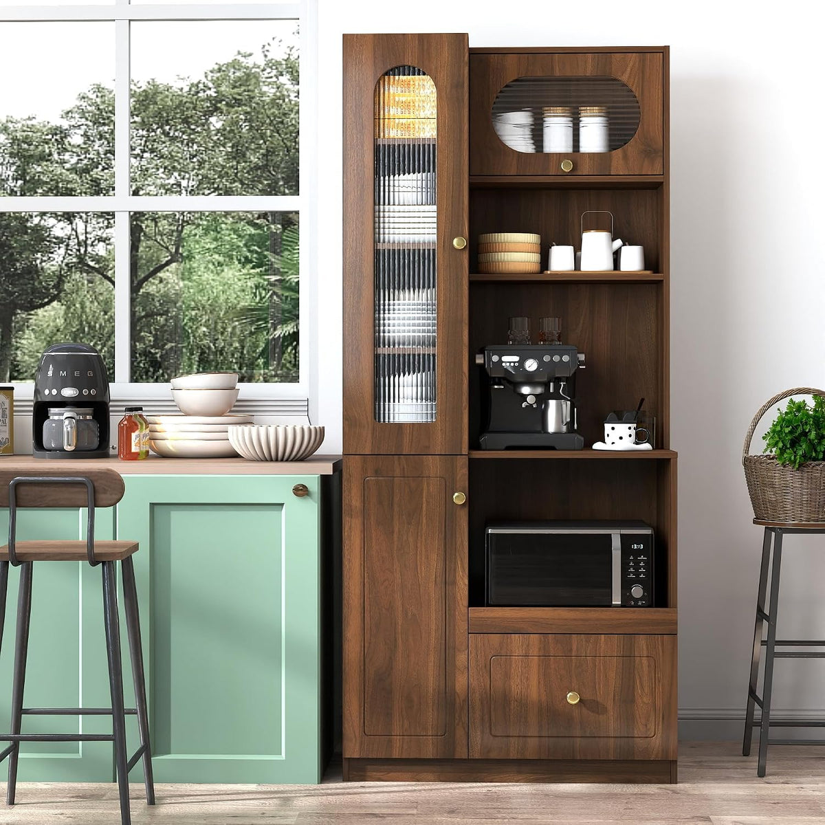 KEIKI 70.87" H Tall Kitchen Pantry Storage Cabinet with Countertop, Glass Doors, Drawers, Microwave Stand & Pull-Out Shelf, Freestanding Wood Hutch Food Pantries Cupboard for Coffee Bar, Dining Room