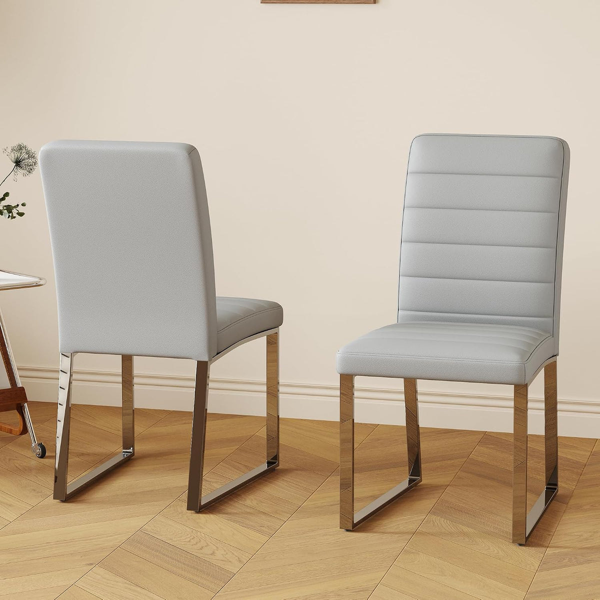 Hommoo Dining Chairs Set of 4, Faux Leather Upholstered Kitchen Chairs, Padded Seat Armless Dining Room Chair with Metal Leg, Modern Dinner Chair for Restaurant Living Room Grey