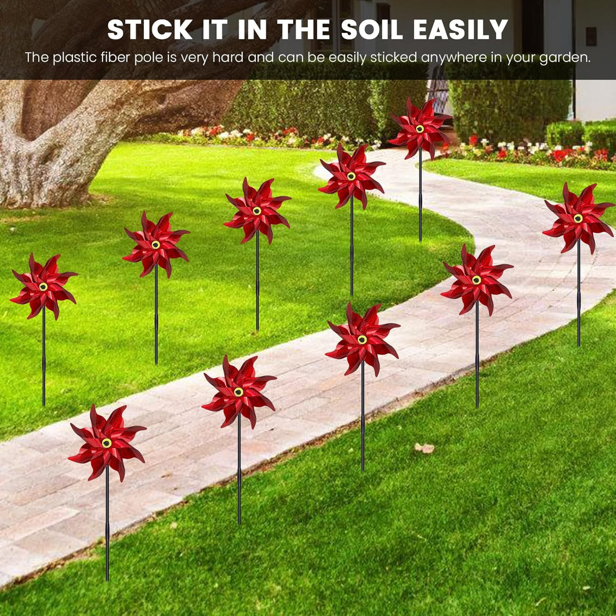 10 PCS Reflective Pinwheels for Yard and Garden Bird Devices Pre-Installed Sparkly Wind Spinner Deterrent to Scare Birds Away from Yard Patio Farm (Red)