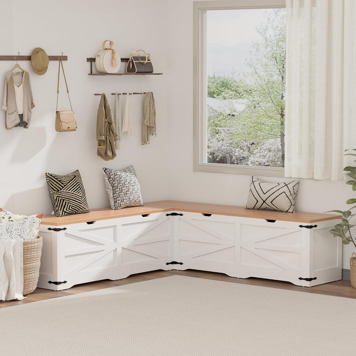 L Shape Kitchen Breakfast Nook Bench, Backless Farmhouse Storage Bench, Corner Dining Bench with Hidden Storage for Dining Room, Kitchen, Entryway