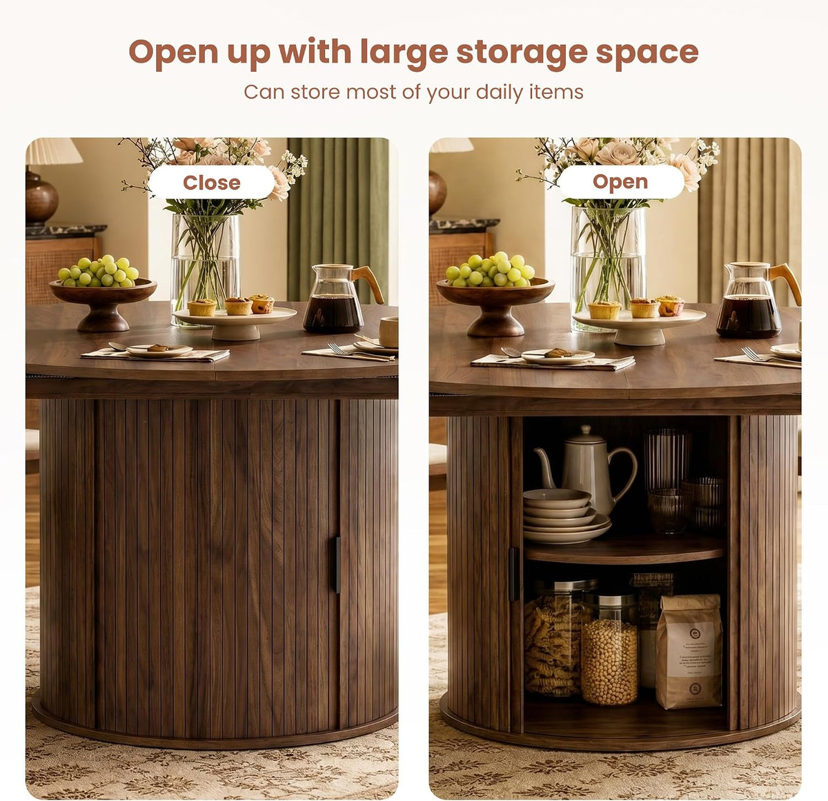47''-63'' Extendable Round Dining Table for 4-6, Round Dining Room Table with Hidden Storage, Modern Wooden Kitchen Table with Fluted Sliding Door Cabinet for Dining Room Kitchen, Walnut