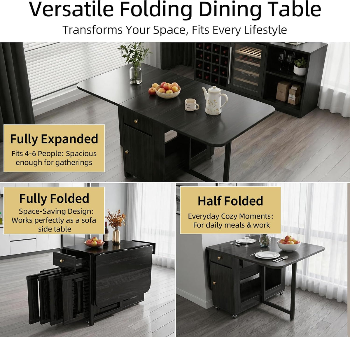Small Foldable Dining Table - 59" Fully Assembled Drop Leaf Tables for Small Spaces with Storage & Lockable Wheels, 4-6 Seater Space-Saving Furniture for Dining Room, Black