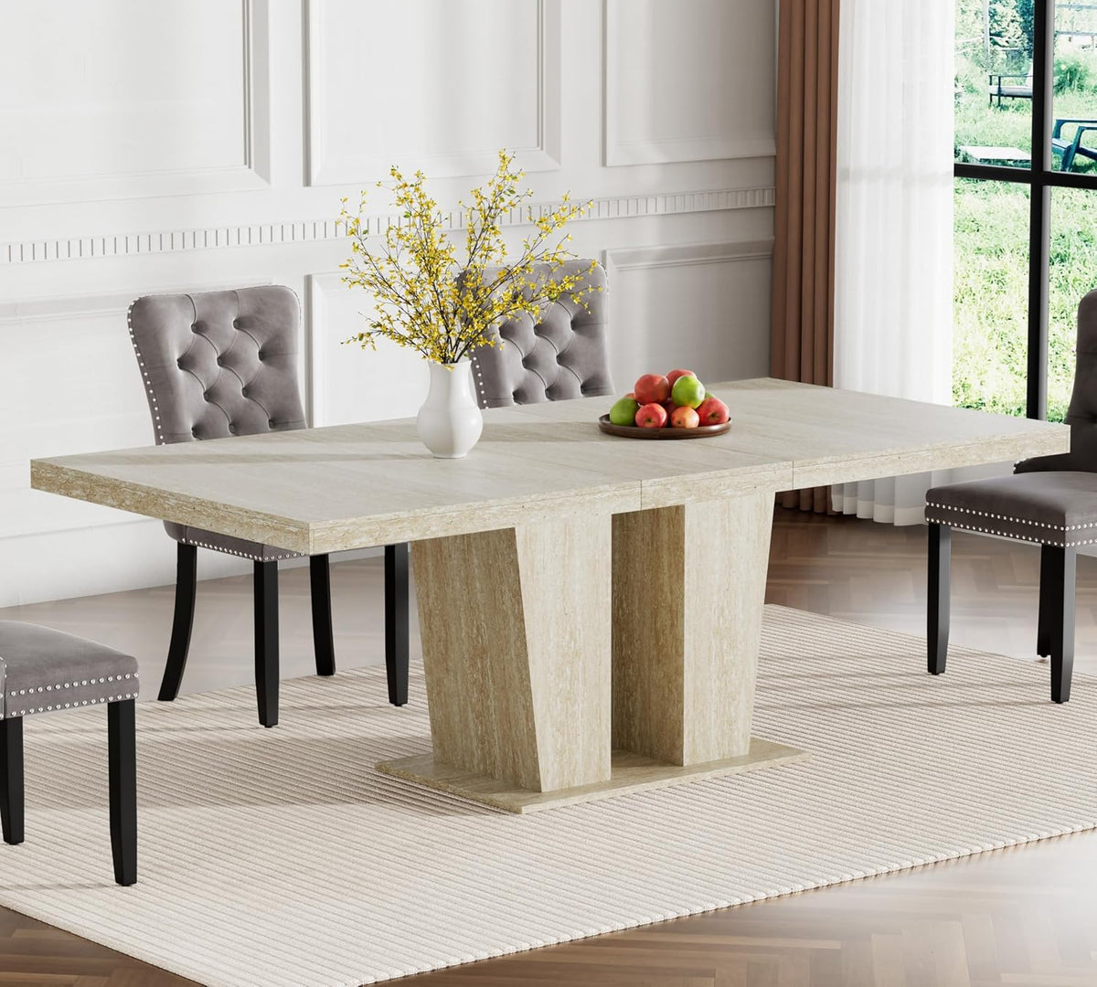Extendable Dining Room Table for 6 8 10, 78.74" Modern Faux Travertine Wooden Long Large Rectangular Expanding Conference Kitchen Table with Dual Columns Base, White Oak