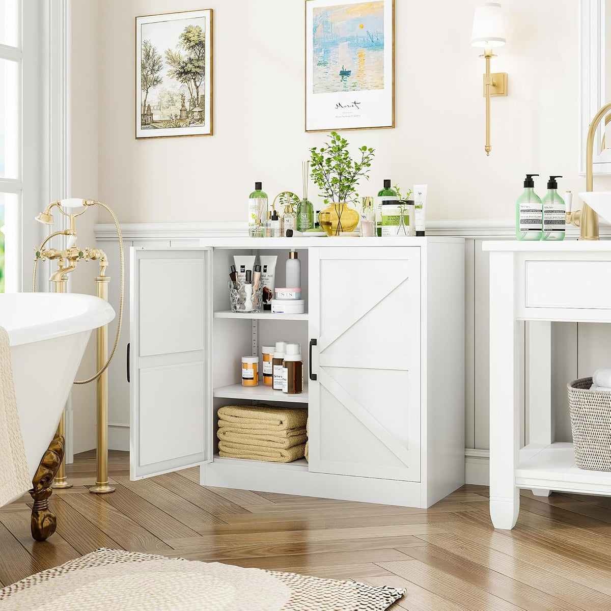 36" Metal Storage Cabinet, Farmhouse Kitchen Storage Cabinet with Doors and 2 Adjustable Shelves, Sideboard Buffet Cabinet,Short Storage Cabinets for Dining/Bathroom/Living/Room,Entryway, White