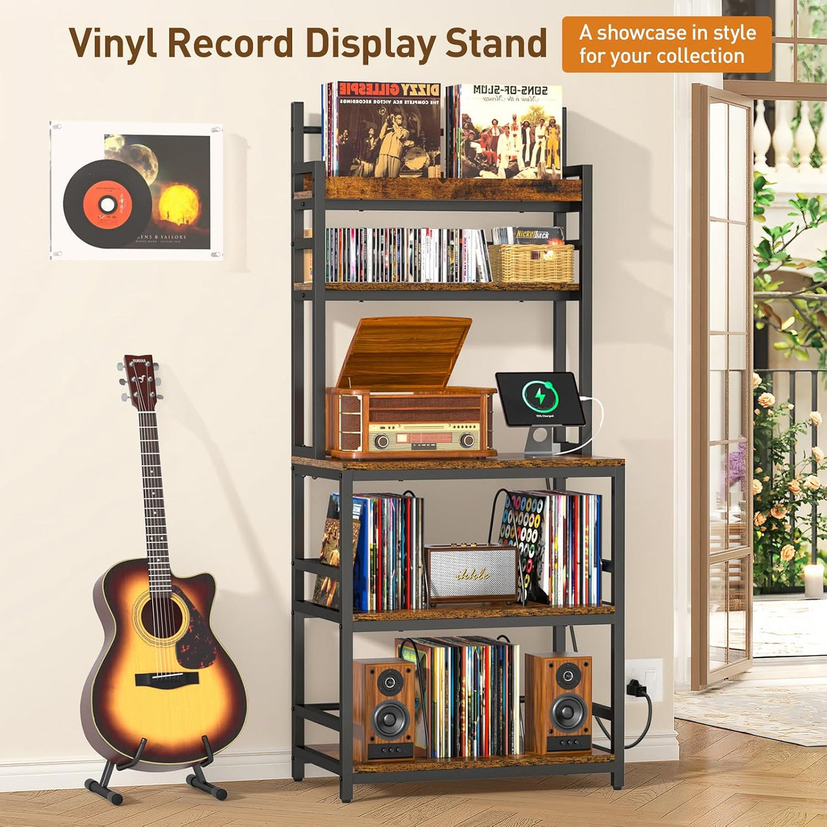 Large Record Player Stand with Vinyl Storage Shelf, Holds Up 500+ Albums | 5-Tier Record Player Table Turntable Stand with Charging Station & CD/DVD Rack, Vinyl Record Storage for Living Room Bedroom
