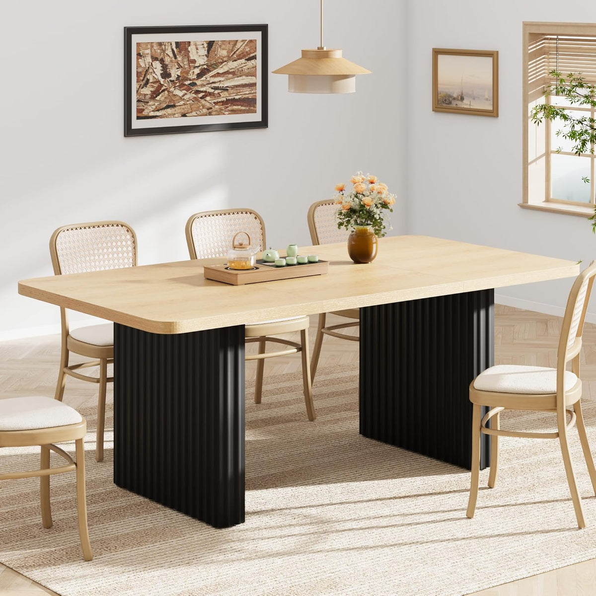 Garvee Modern Dining Table for 6-8, 71" Rectangular Farmhouse Kitchen Table with 3.6"×22.9" Black Fluted Wave Metal Legs & Wooden Top, Large Dining Table for Home Office, Dining, Natural