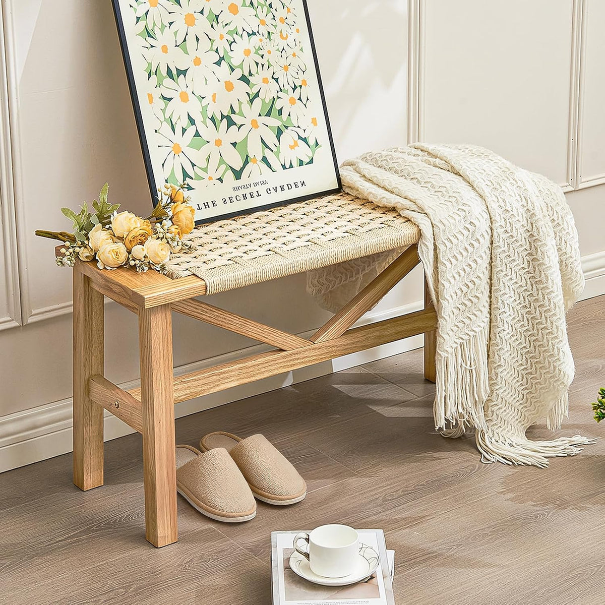 Solid Wood Narrow Bench, 33.46" Woven Bench for Entryway and Hallway, End of Bed Bench with Oak Frame, Boho Accent Bench - 500lbs Capacity (Natural White)