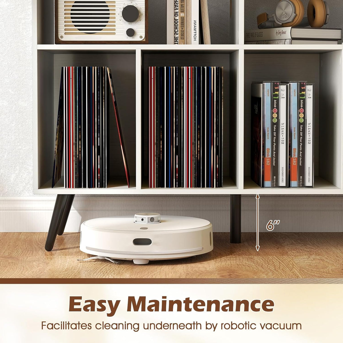 LOKO Large Record Player Stand, Vinyl Record Holder with Built-in Power Outlet, Open Shelves & Compartments, Turntable Display Stand for Living Room, Bedroom, Office (White)