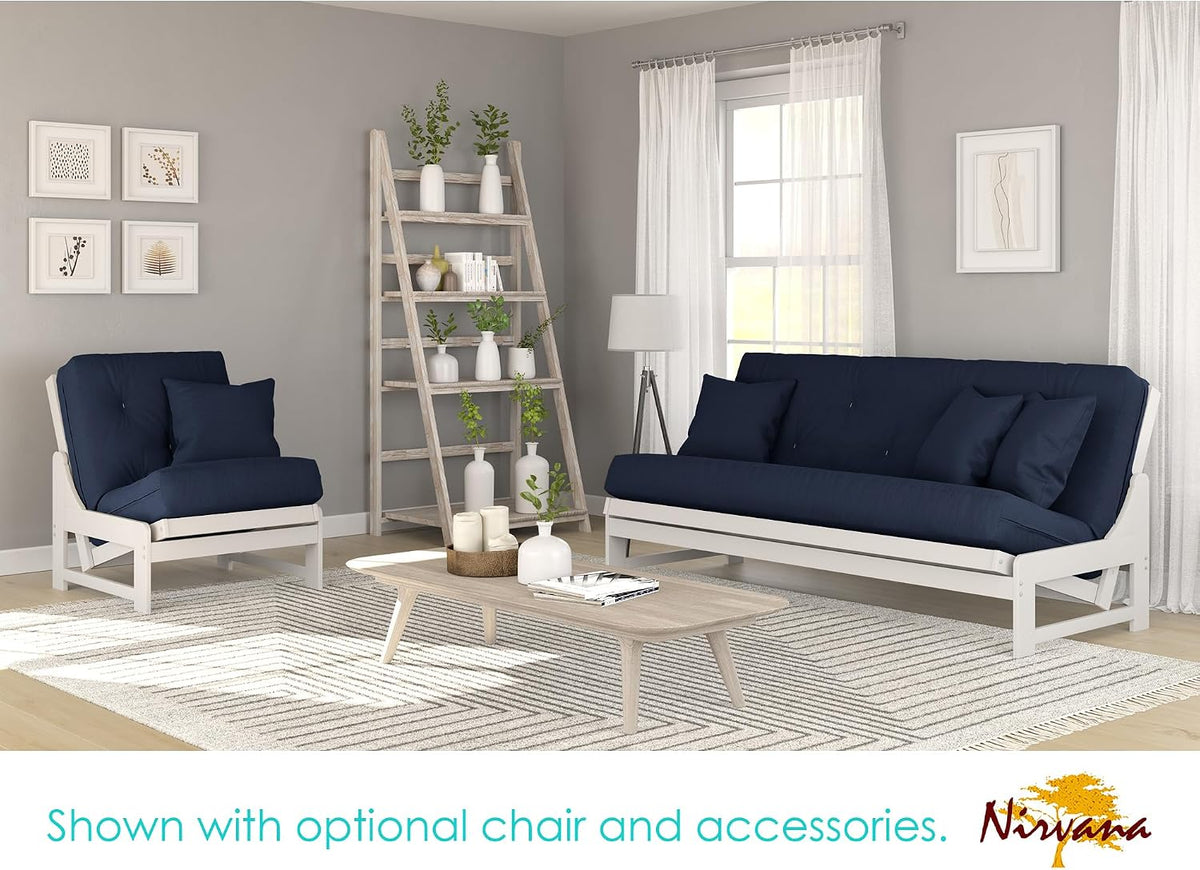 Nirvana Futons Arden White Futon with Storage Drawers Queen Size - Minimalist Armless Design with 8 Inch Comfortable Mattress (Twill Navy Blue), Sofa Bed Available in