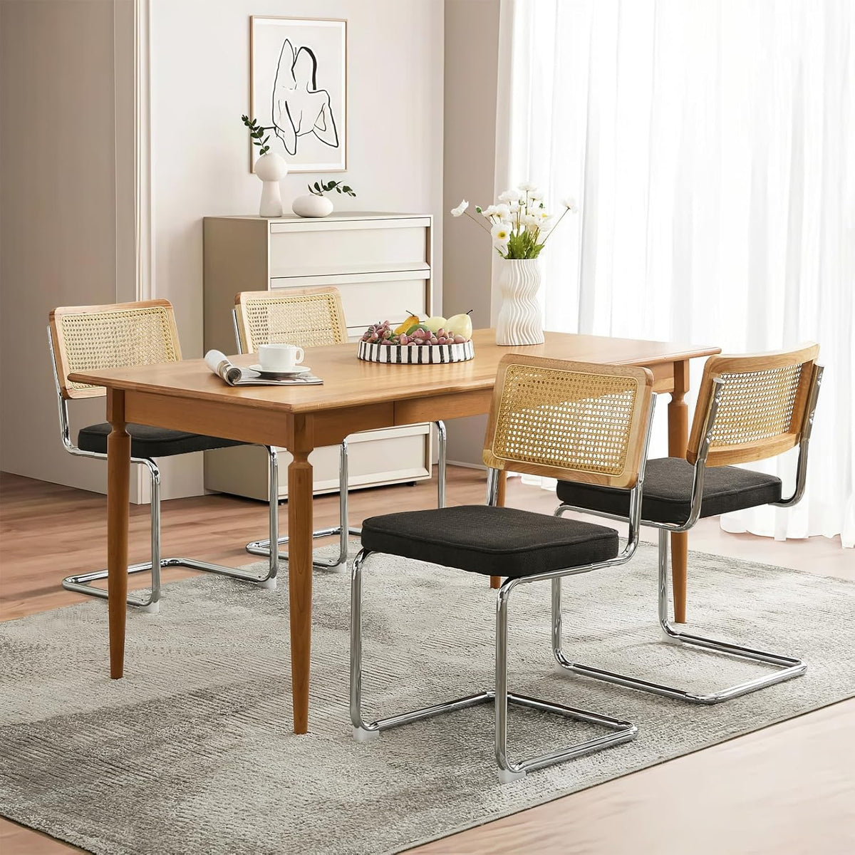 Rattan Back Linen Dining Chair Set of 4 Modern Stainless Chrome Base Armless Upholstered Side Chair for Dining Room, Kitchen Island,Black