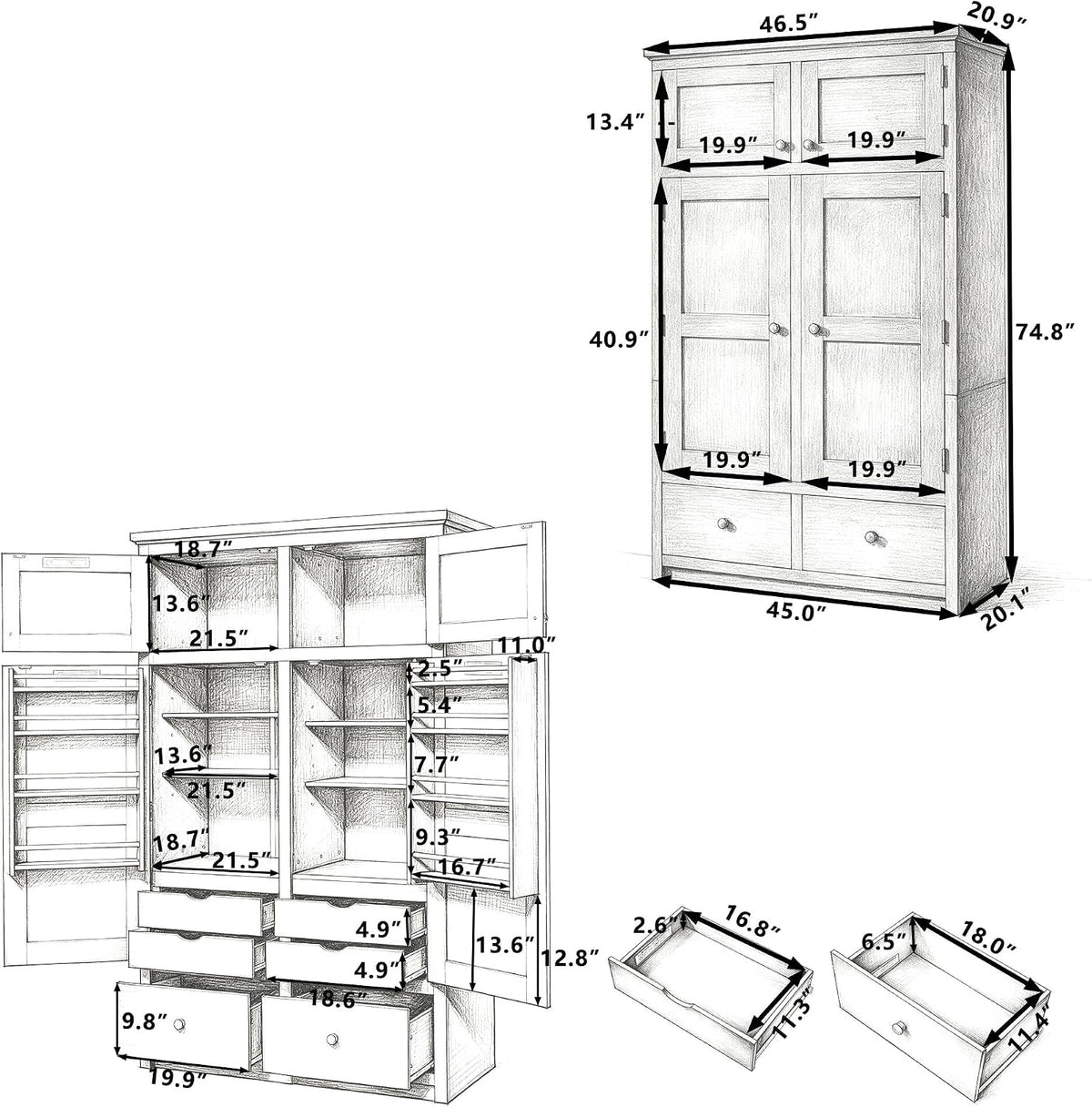 74.8" Tall Kitchen Pantry Cabinet with 4 Doors 6 Drawers 4 Pull-Out Trays, Freestanding Kitchen Cabinet Organizer for Dining Room Living Room, Pantry Cabinets for Kitchen Storage(White)