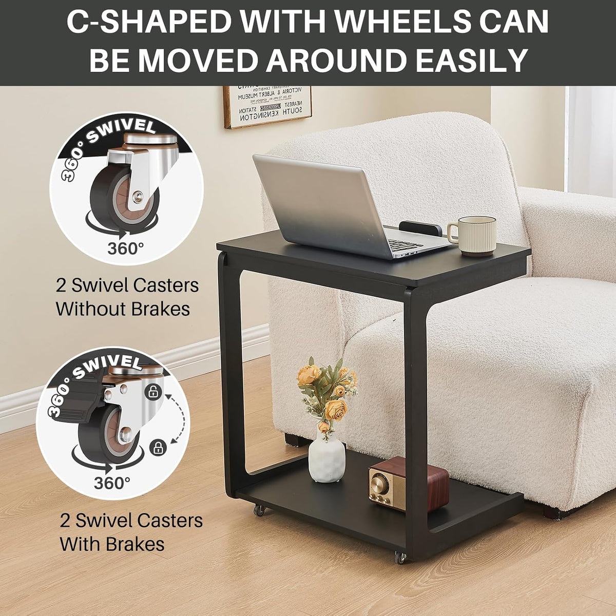 C-Shaped End Table with Wheels - Rolling Side Table for Couch, Solid Wood Modern Adjustable Angles Tv Tray Sofa Tables for Living Room, Bedroom, Home Office, Black, 15.4"D x 23.6"W x 24.8"H
