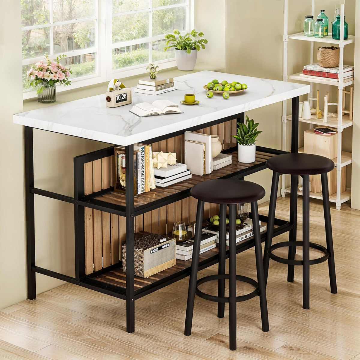 DKLGG Kitchen Island with Stools & Storage, Modern Dining Table Set for 2, 3 Piece Kitchen & Dining Room Sets Island Table for Small Space, Apartment, Home Bar, White