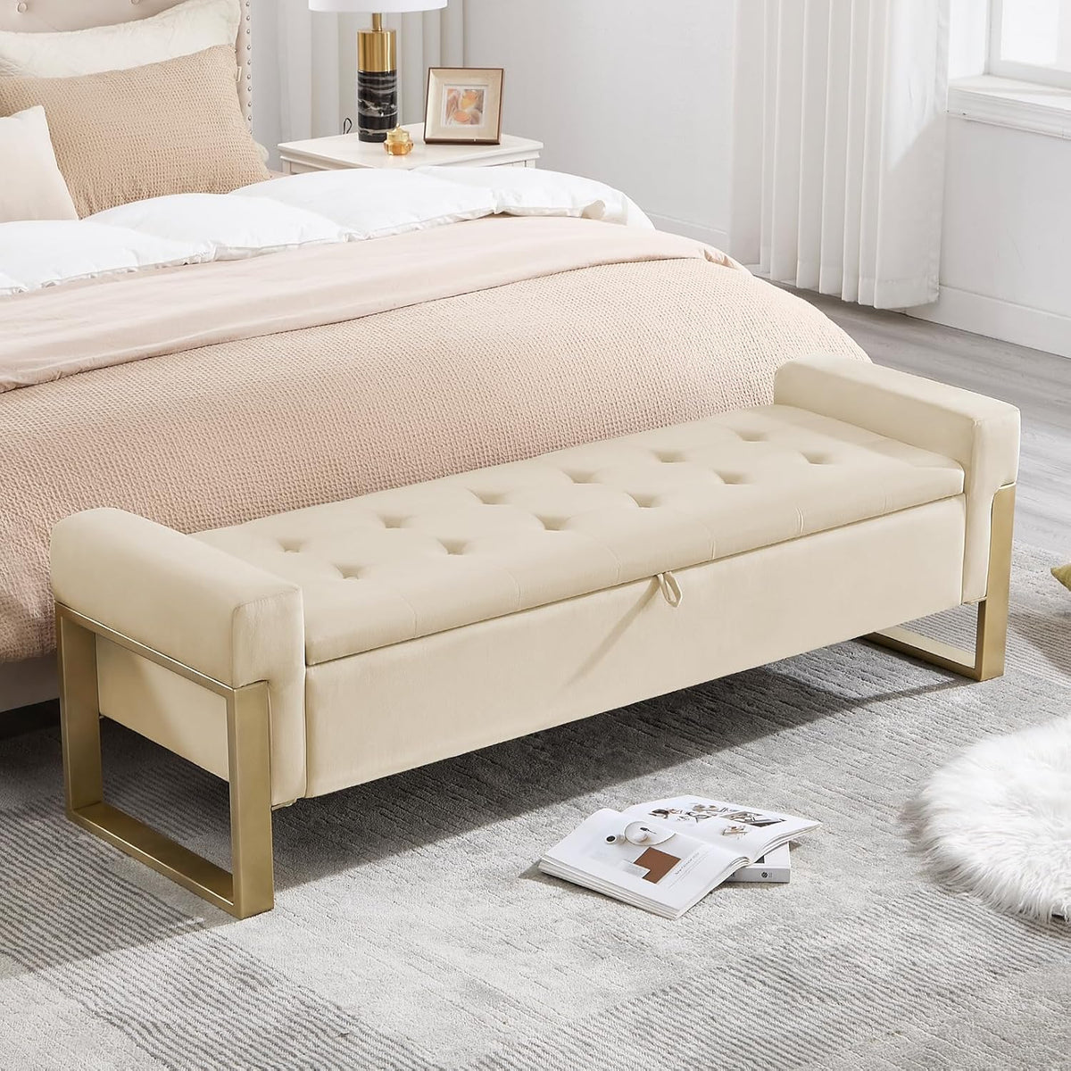 End of Bed Storage Bench, 67'' Bench for Bedroom Foot of Bed King Size, Modern Velvet Storage Ottoman Benches with Gold Legs for Windows Living Room, Beige