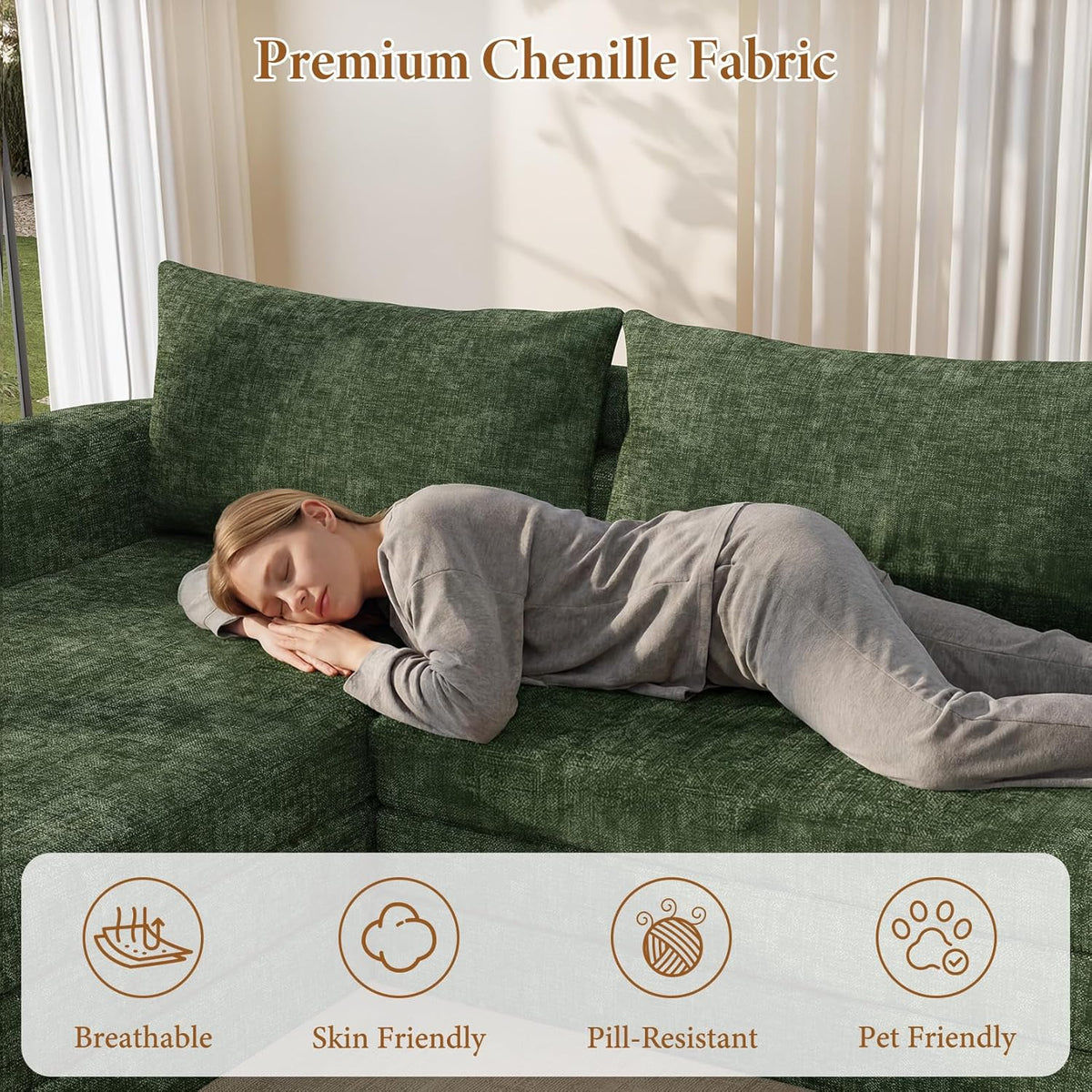 Vesgantti 110.2" Modular Sectional Sofa with Curved Armrest, 6 in 1 Convertible Folding Sleeper Sofa Bed, Chenille Couch for Living Room, No Assembly Required, Green, Left Facing Chaise
