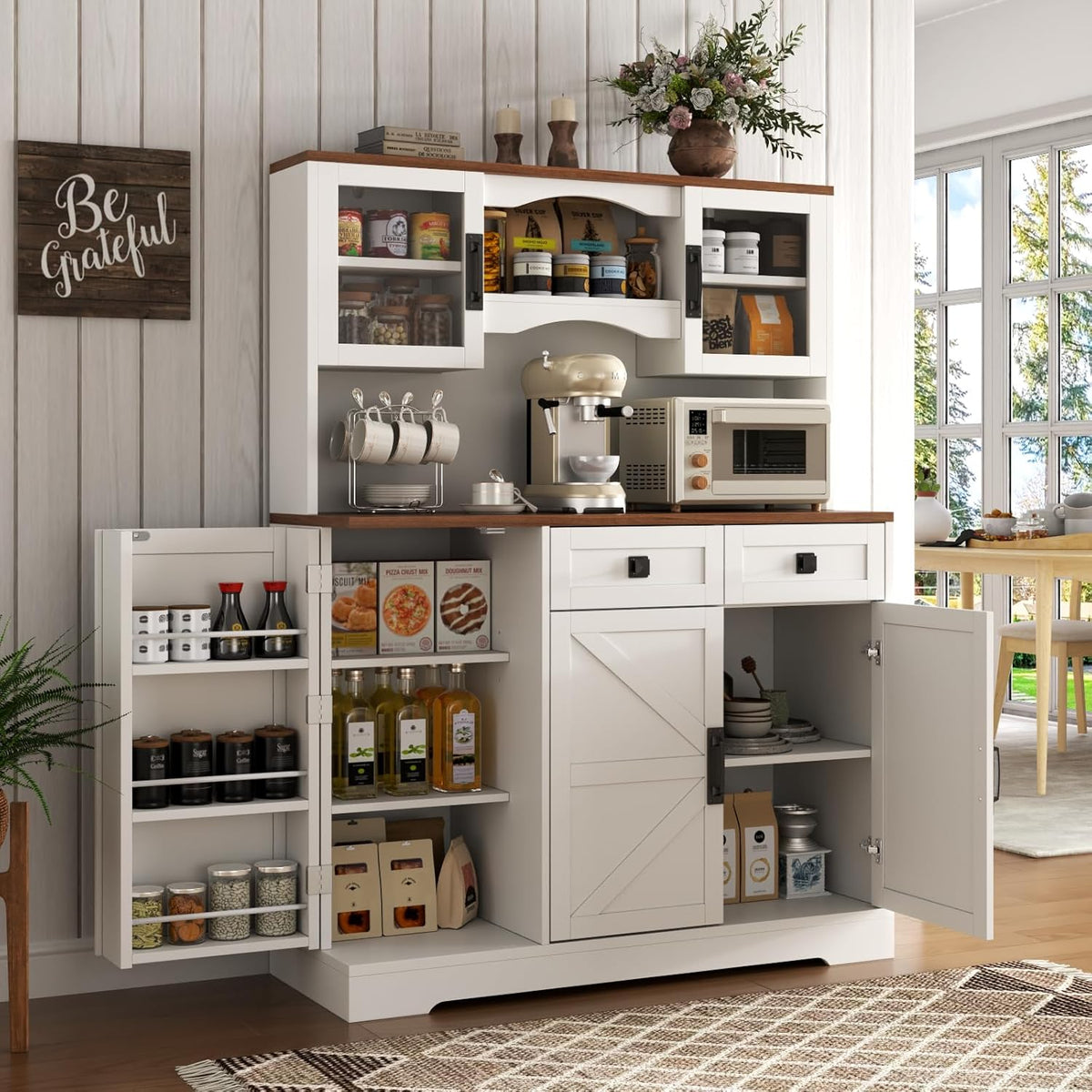 Loomie 60" Tall Farmhouse Pantry Cabinet, Kitchen Hutch with 2 Drawers, Kitchen Pantry Storage Cabinet with Adjustable Shelf and Microwave Stand, Food Pantry Cabinet for Living Room, Kitchen (White)