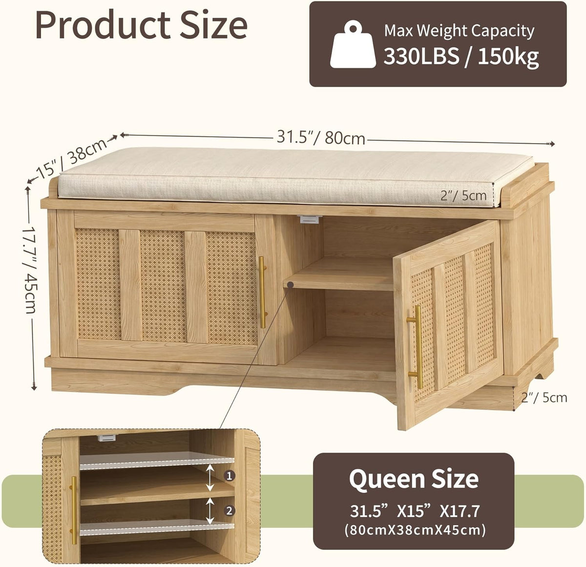 Heybly Shoe Cabinet with Bench, Rattan Entryway Storage Bench with Cushion, Shoe Storage Bench Cabinet with 2 Doors, Adjustable Shelves, Wooden Shoe Bench 31.5" for Living Room Bedroom Hallway HSB001N