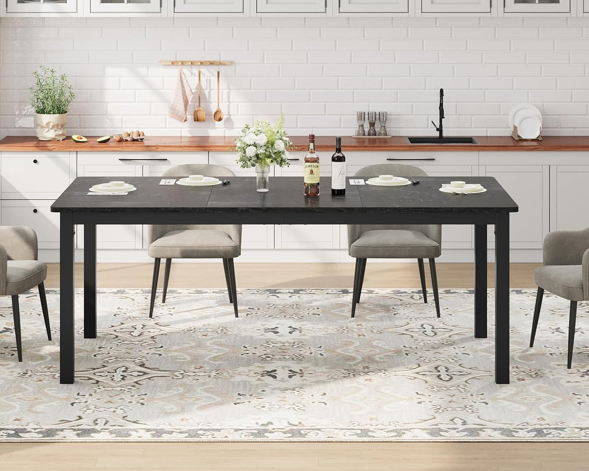 71 inch Long Rectangle Dining Table, MDF Top + Iron Legs with Rounded Corners, Modern Industrial Style Kitchen Table for 6-8 Persons, Black
