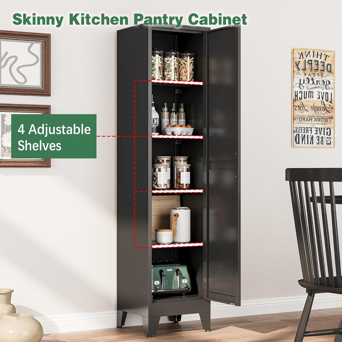 Bevivog Tall Narrow Storage Cabinet, 67" Single Door Metal Storage Locker Cabinet, Freestanding Tall Kitchen Pantry Cabinets for Small Space