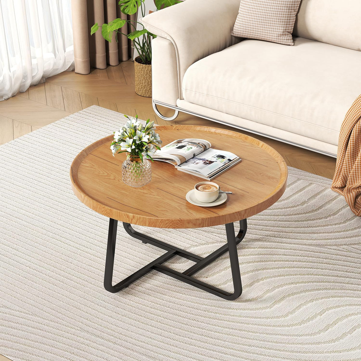Round Nesting Coffee Table Set of 2, Tea Table for Small Spaces, Circle Wood Center Table with Fluted, Mid Century Modern Coffee Tables for Sofa Living Room Bedroom Office Balcony Yard