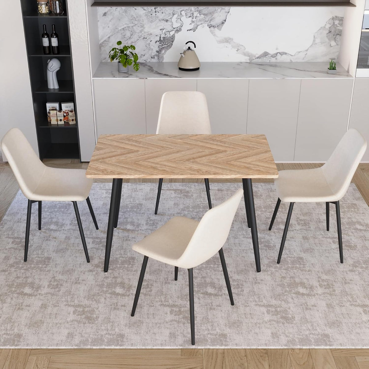 Small Dining Table Set for 4, Modern Dining Table and Chairs Set with 4 Fabric Dining Chairs, 5 Piece Wooden Dining Table Set, 47'' Kitchen Table Set, Ideal for Small Spaces