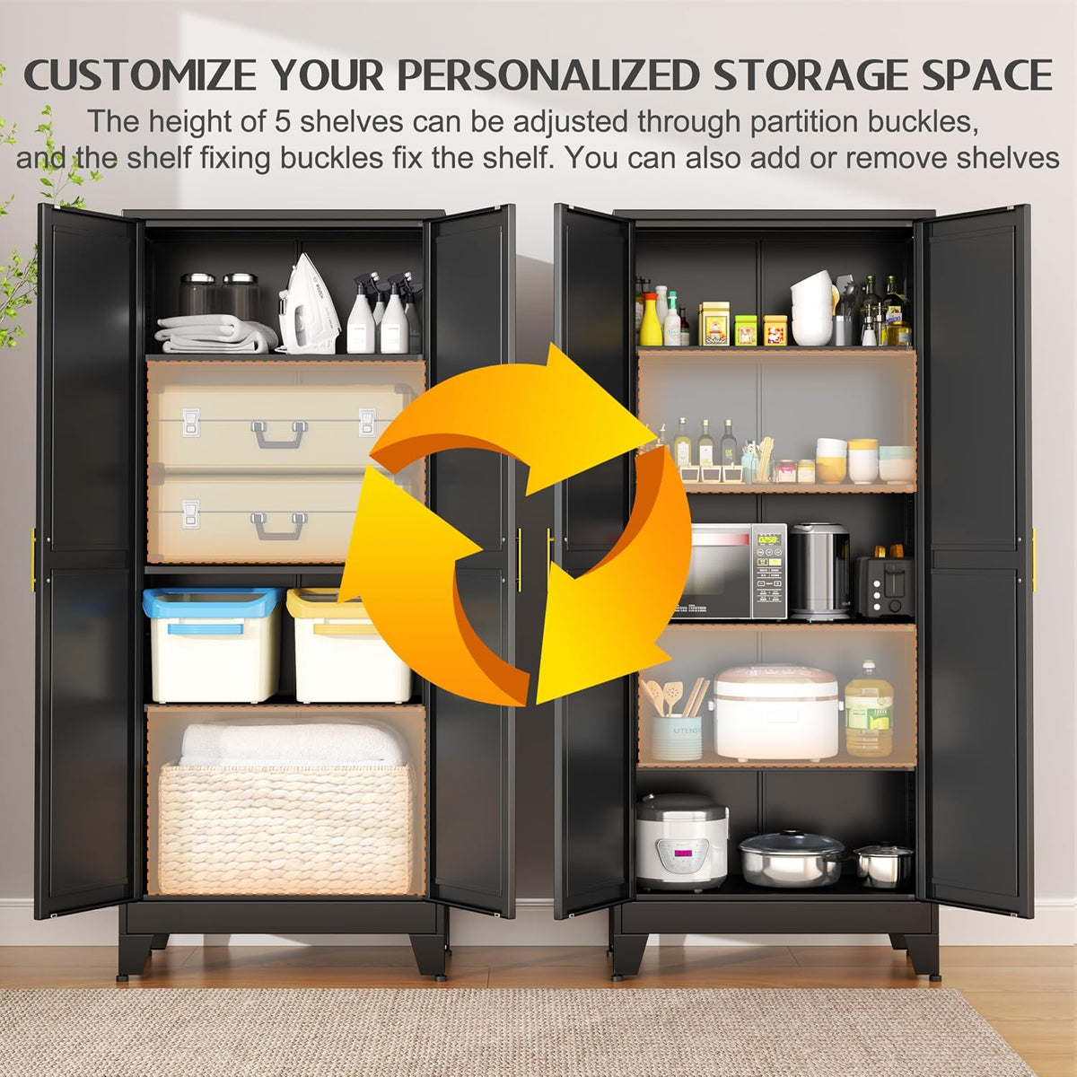 GAIOUS 75.2" Tall Storage Cabinet,Metal Pantry Storage Cabinets with 2 Door | and 5 Adjustable Shelves, Black Kitchen Food Cabinet, Metal Utility Cabinets for Kitchen, Dinning Room, Laundry Room