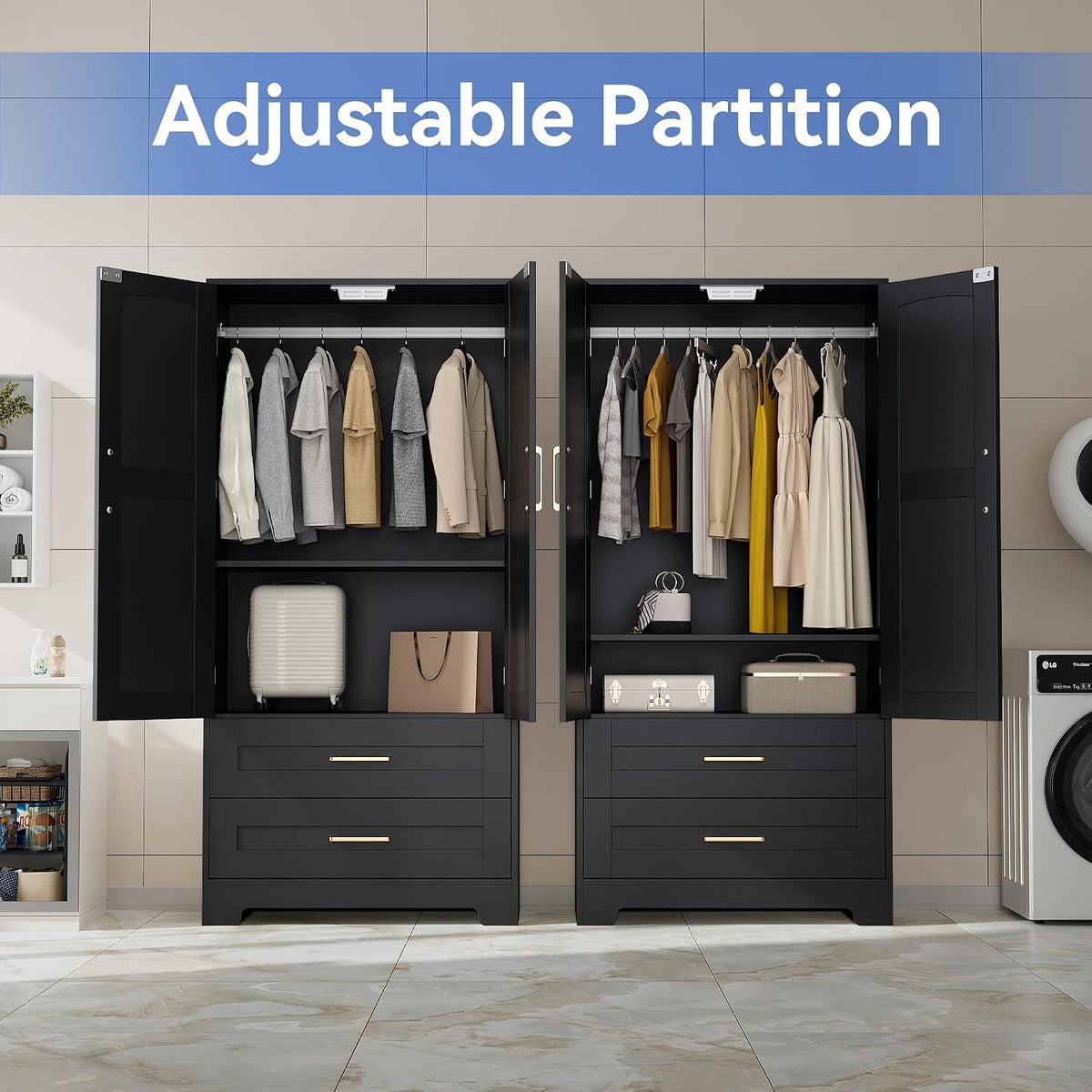 Wooden Armoire Wardrobe Closet, Bedroom Armoires with Door and Drawers, Freestanding Wardrobe Clothing Storage Cabinet with Shelves and Hanging Rod for Bedroom, Laundry Room, Cloak Room（Black）