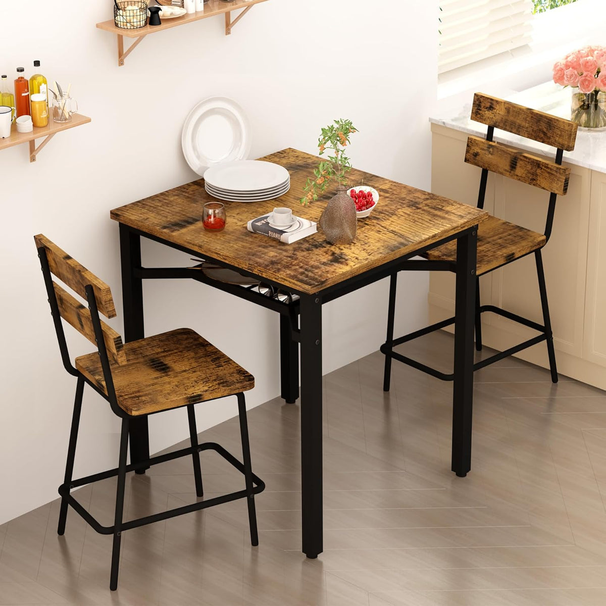 Hooseng 3 Piece Bar Table and Chairs Set, Counter Height Small Dining Table with 2 Bar Stools, Farmhouse Square Kitchen Table with Storage for Bistro, Pub, Small Space