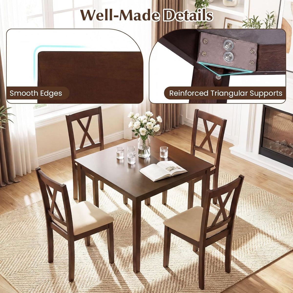 Giantex Dining Table for 4, 35.5" Square Kitchen Table with Solid Rubber Wood Legs, Wooden Dinner Table for Living Dining Room, Dinette, Home Office, Apartment, Walnut