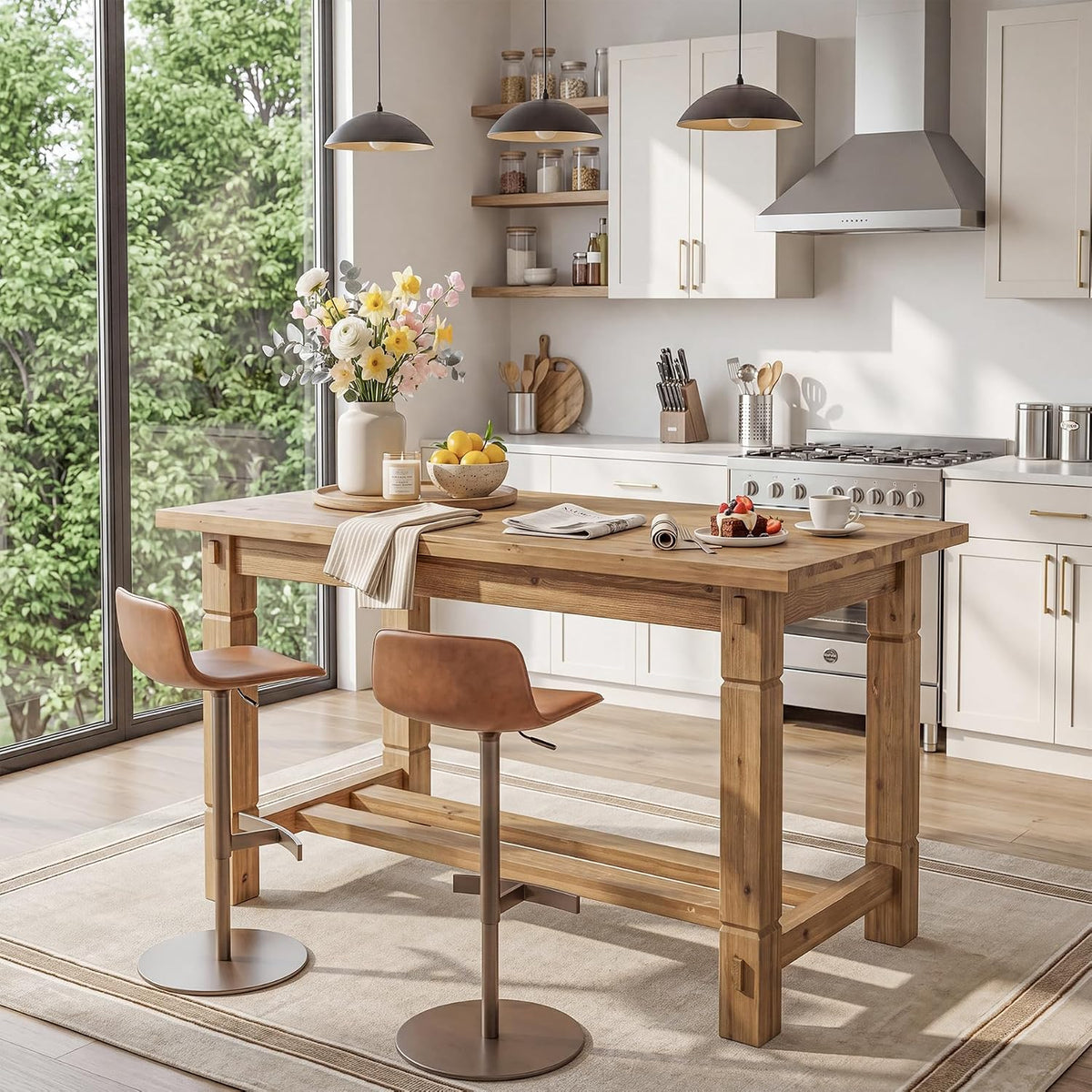 59.05" Solid Wood Home Kitchen Island with Spacious Tabletop | Counter Height Table, Sturdy Frame, Easy to Assemble, Farmhouse Style, Stationary Island for Home, Dining Room, Rustic Brown