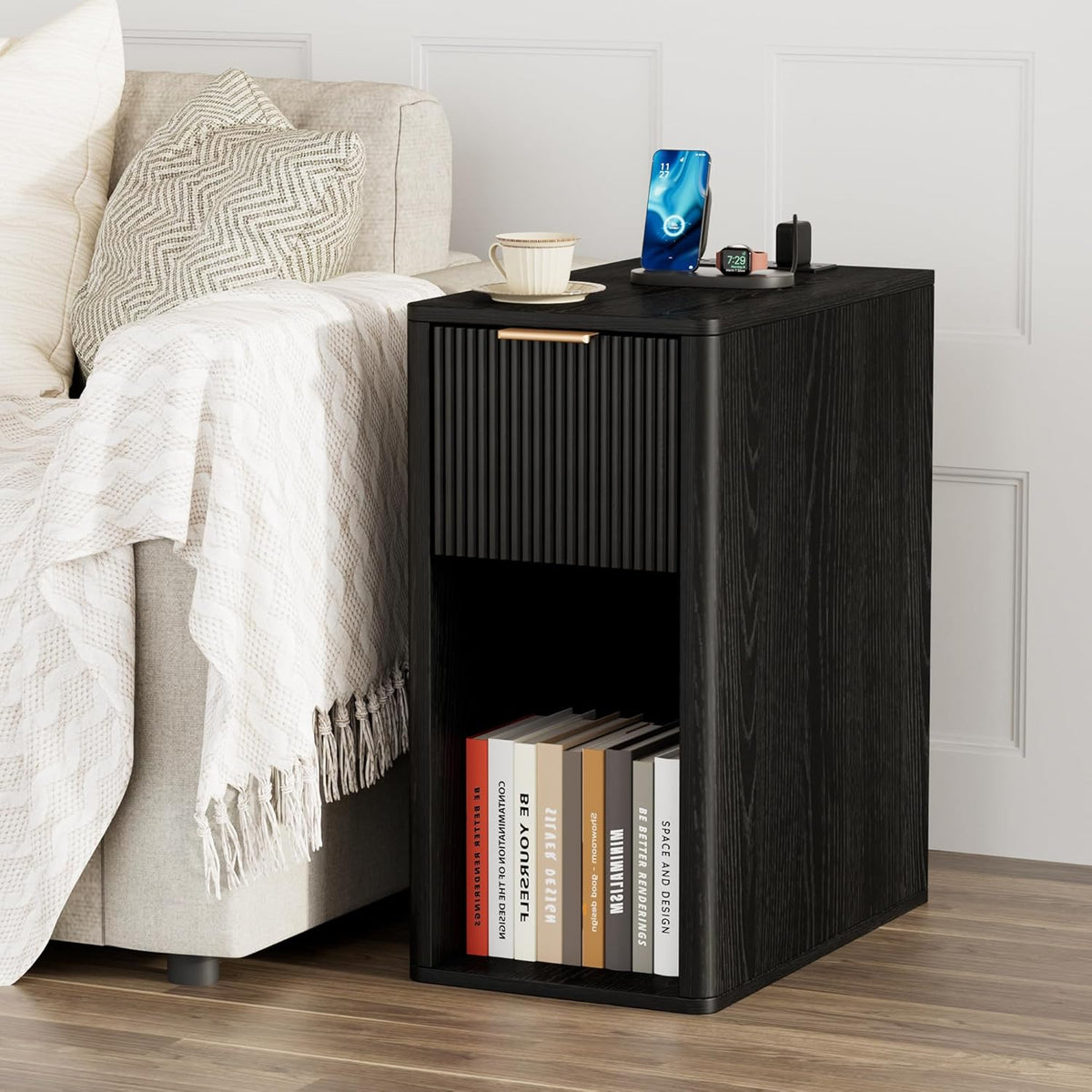 Homleke Narrow End Table with Fluted Drawer and Charging Station, Small Nightstand with USB Ports & Outlets, Bedside Table for Bedroom or Living Room, Modern Accent Table, Black