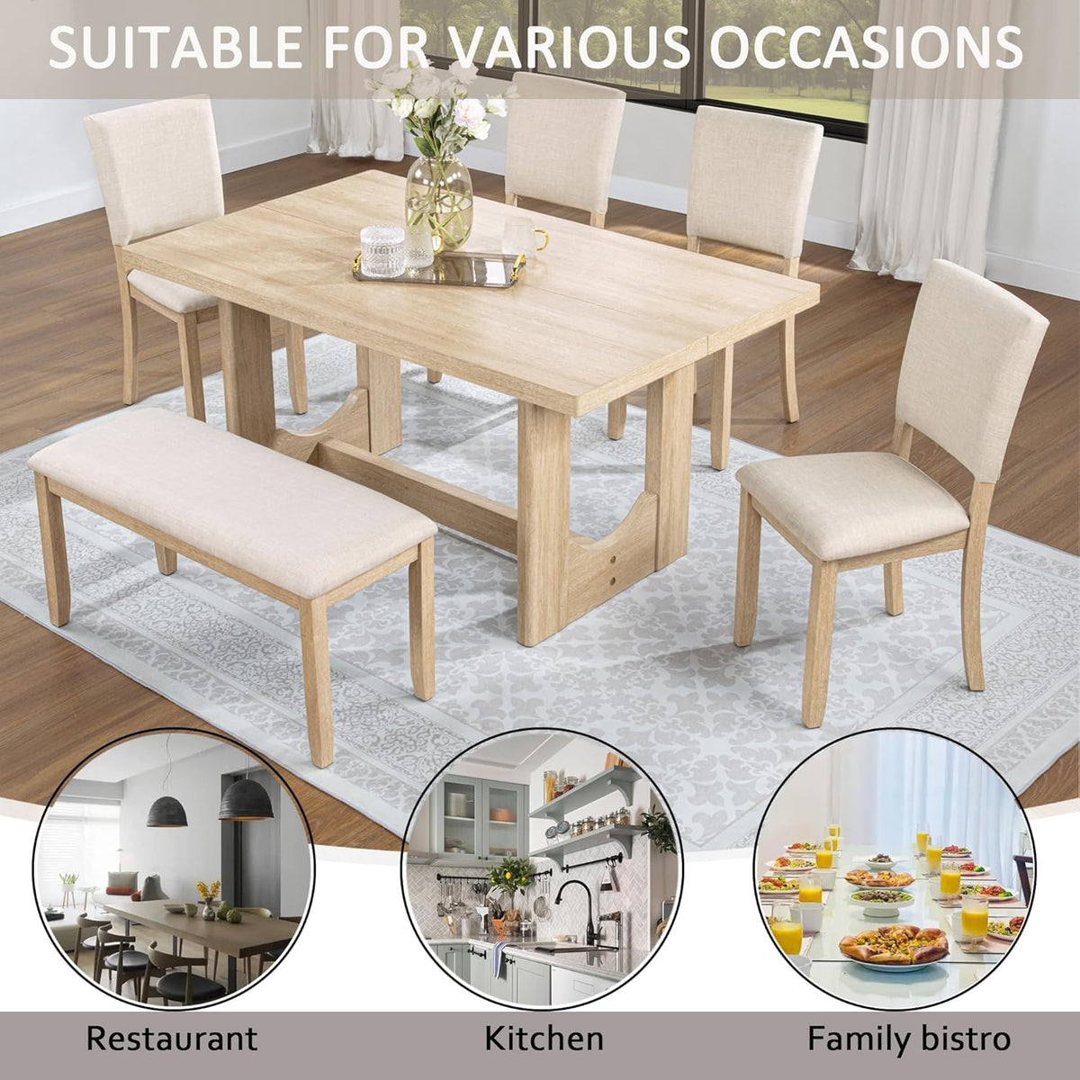 Harper & Bright Designs Modern 6-Piece Dining Table Set with Bench & 4 Upholstered Chairs, Light Oak Rectangular Kitchen Table for 6, U-Shaped Base, Farmhouse Rustic for Dining Room Living Room